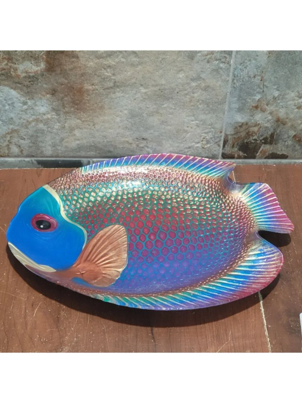 Iridescent Glass Parrotfish Decorative Tray Signed SOIF CD Mathis Large Serving